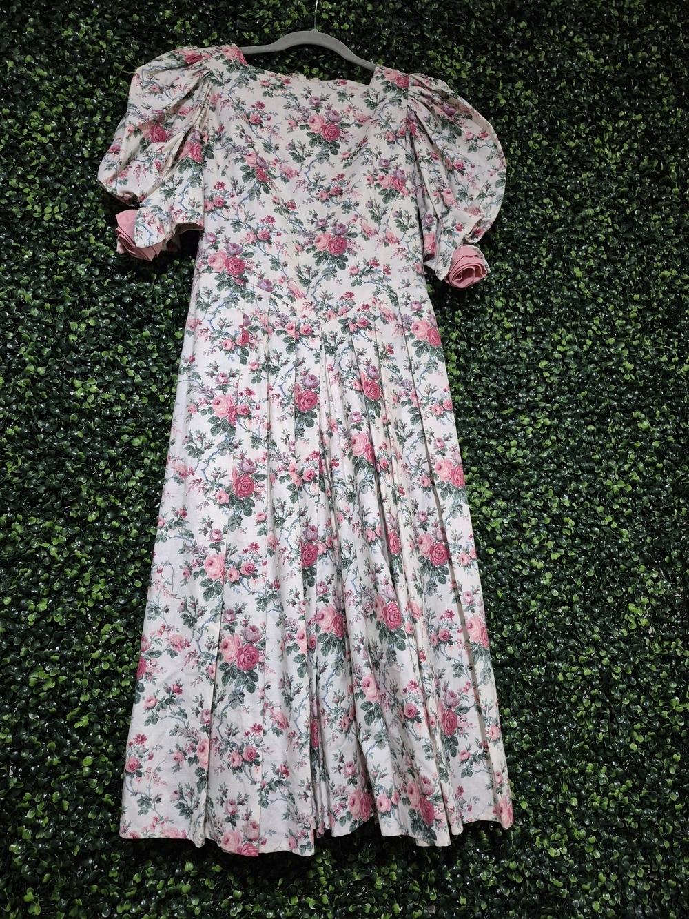 Women's Handmade Vintage Pink Floral Puff-Sleeve Midi Dress - Picture 1 of 11